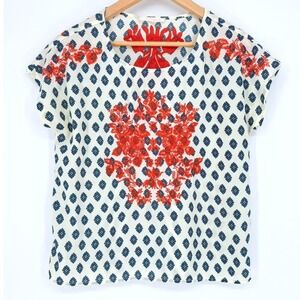 Le Sample Womens Embroidered Floral Blouse White Blue Red S Folk Artisan Breezy